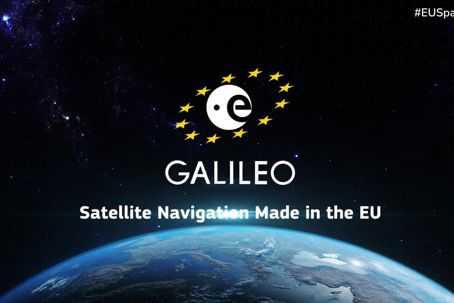 Galileo.jpg Jorden från rymden med en logotyp där texten lyder Galileo: satellite navigation made in the EU
