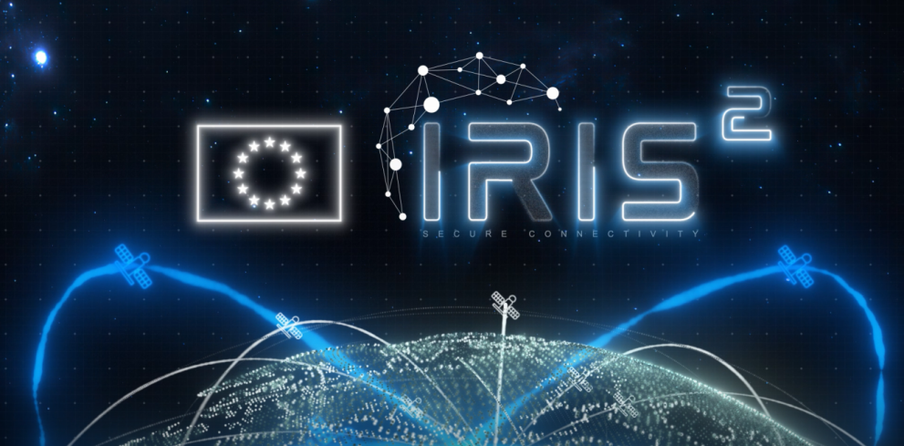 Illustration över jorden med satelliter flygande ovanför och texten IRIS 2