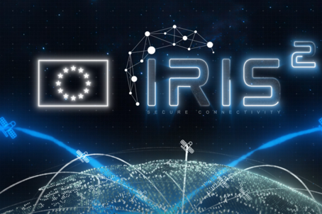 IRIS 2.png Illustration över jorden med satelliter flygande ovanför och texten IRIS 2