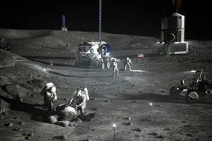 Illustration månbas En illustration som visar fyra astronauter iförda rymddräkter på månens sydpool. Två astronauter i förgrunden står på knä och undersöker en månsten, två astronauter i bakgrunden undersöker månens yta med ficklampa. Utöver astronauterna visar illustrationen även två fordon på månytan, samt två strukturer i bakgrunden.