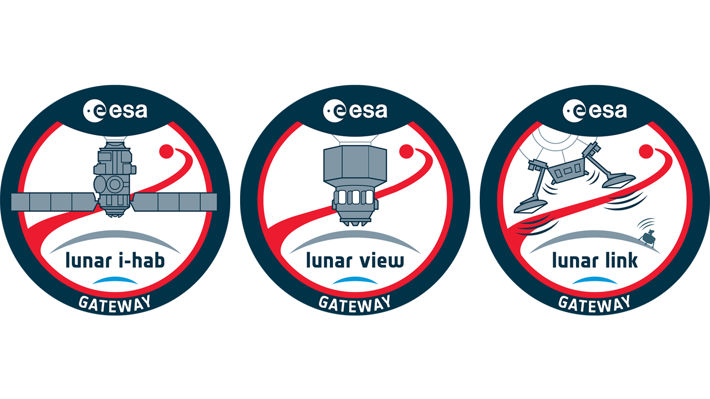Mission patches för lunar i-hab, lunar view och lunar link som illustrerar de olika modulernas utseende och funktion.
