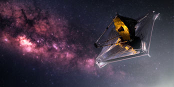 Illustration av teleskopet James Webb i rymden. Vintergatan är synlig i bakgrunden.