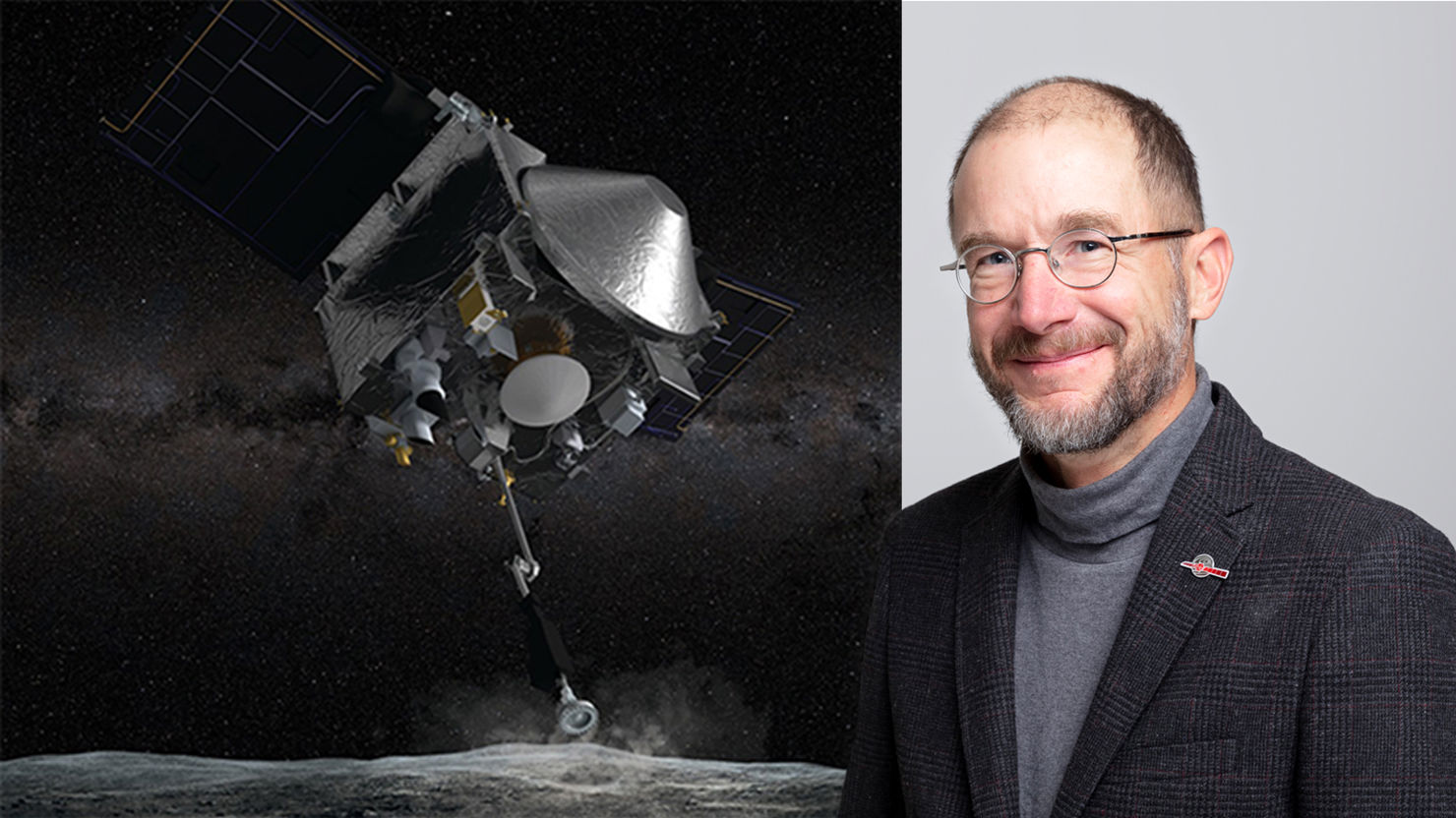 OSIRIS-REx och Axel Hagermann till vänster en konstnärstolkning av rymdsonden OSIRIS-REx när den får kontakt med asteroiden Bennu, med rymden och vintergatan i bakgrunden. Till höger ett fotografi av Axel Agermann.