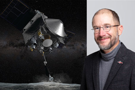 till vänster en konstnärstolkning av rymdsonden OSIRIS-REx när den får kontakt med asteroiden Bennu, med rymden och vintergatan i bakgrunden. Till höger ett fotografi av Axel Agermann.