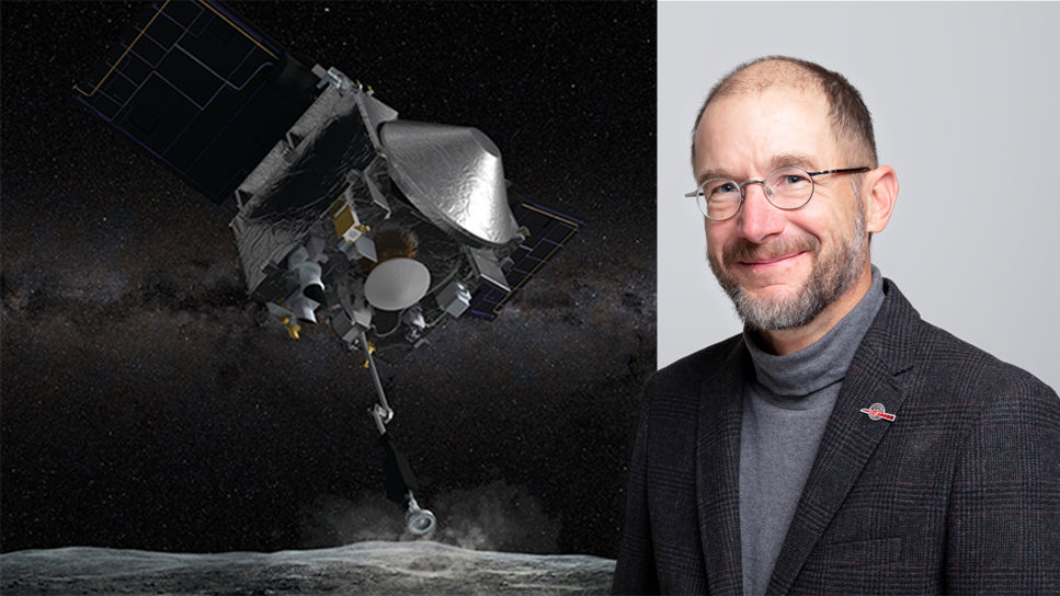 till vänster en konstnärstolkning av rymdsonden OSIRIS-REx när den får kontakt med asteroiden Bennu, med rymden och vintergatan i bakgrunden. Till höger ett fotografi av Axel Agermann.