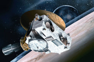 En illustration av rymdfarkosten New Horizon. En digital illustration av rymdfarkosten New Horizon som svävar tyngdlös i yttre rymden framför planeter och stjärnor.