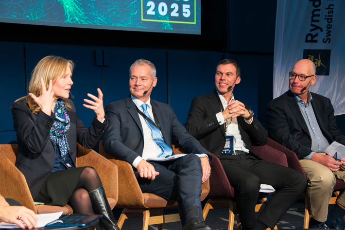 Fyra personer som sitter i en panel. en kvinna och tre män.