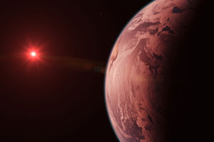 En illustration av en exoplanet. En stor exoplanet som ser ut som en röd jord ligger i förgrunden, framför en liten, röd stjärna i universum.