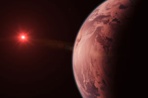 En illustration av en exoplanet. En illustration av en exoplanet. En stor exoplanet som ser ut som en röd jord ligger i förgrunden, framför en liten, röd stjärna i universum.