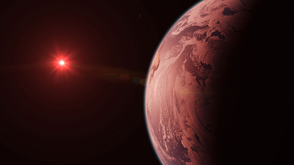En illustration av en exoplanet. En stor exoplanet som ser ut som en röd jord ligger i förgrunden, framför en liten, röd stjärna i universum.