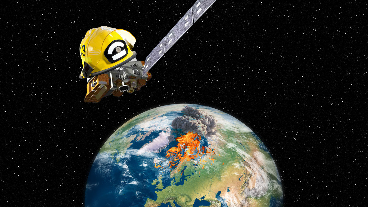 Ett kollage av bilder. Vi ser jorden med rymden som bakgrund, en satellit flyger ovanför iförd brandhjälm, på jorden ses en eld och rök.
