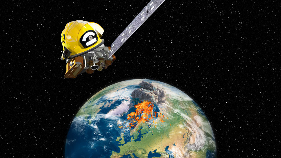 Ett kollage av bilder. Vi ser jorden med rymden som bakgrund, en satellit flyger ovanför iförd brandhjälm, på jorden ses en eld och rök.
