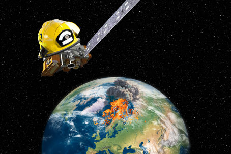 Rymden till undsättning - brand Ett kollage av bilder. Vi ser jorden med rymden som bakgrund, en satellit flyger ovanför iförd brandhjälm, på jorden ses en eld och rök.